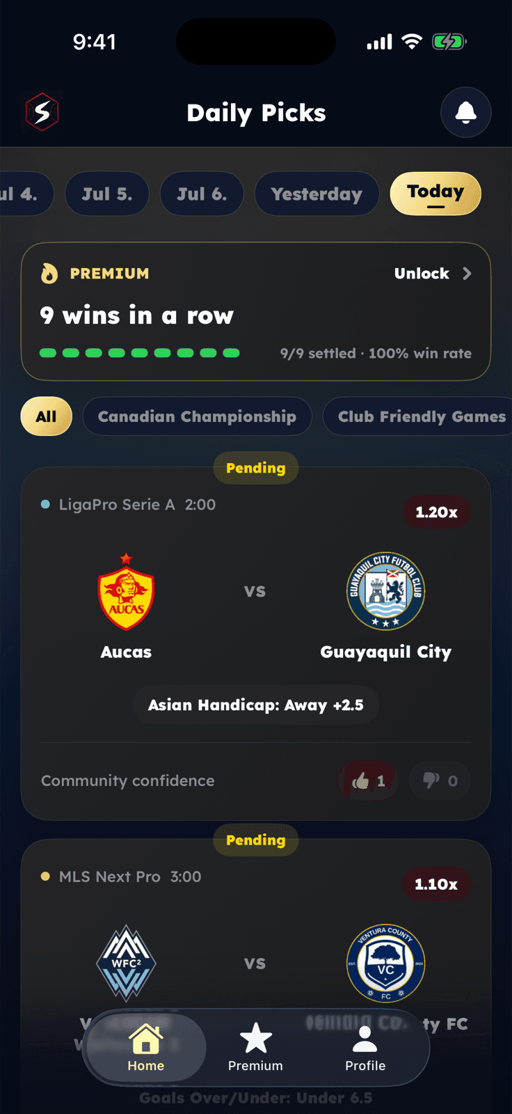 Savy's Tips daily football picks board, grouped by match with kickoff, market and odds
